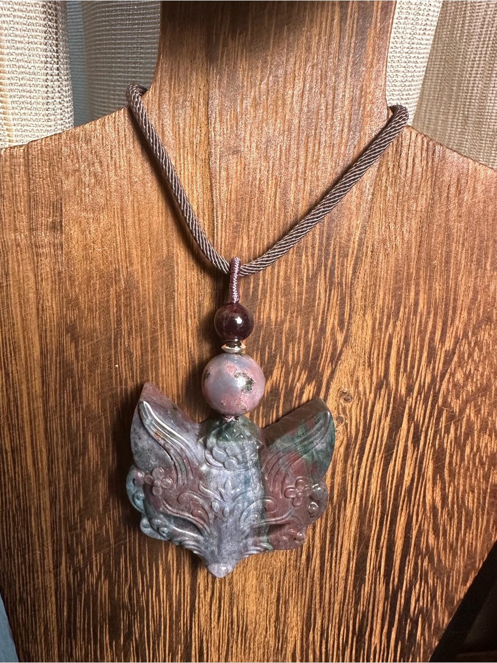 Blue & Purple Ocean Jasper Fox Mask Pendant Necklace on Brown Rope with Garnet - Picture 2 of 13